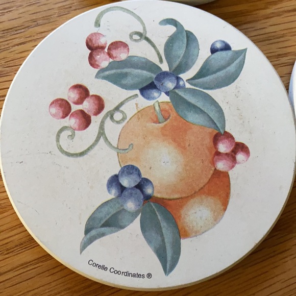 Corelle (Abundance) coasters in wood holder w/Gemco matching glass sugar bowl - Picture 9 of 16